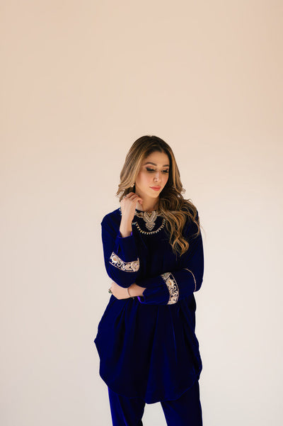 Sammy K | Velvet Festive Edit | Royal blue velvet Poncho Outfit -  Sammy K Ladies Clothes - Original Designer Dress - House of Maryam