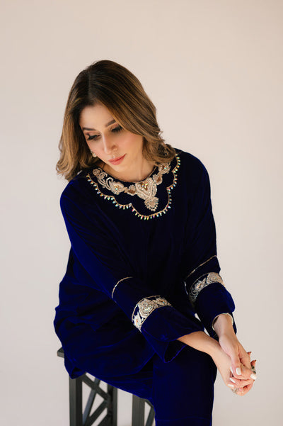 Sammy K | Velvet Festive Edit | Royal blue velvet Poncho Outfit -  Sammy K Ladies Clothes - Original Designer Dress - House of Maryam
