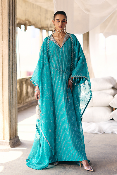 Suffuse Naida aqua teal silk kaftan shirt and pants, photo 2