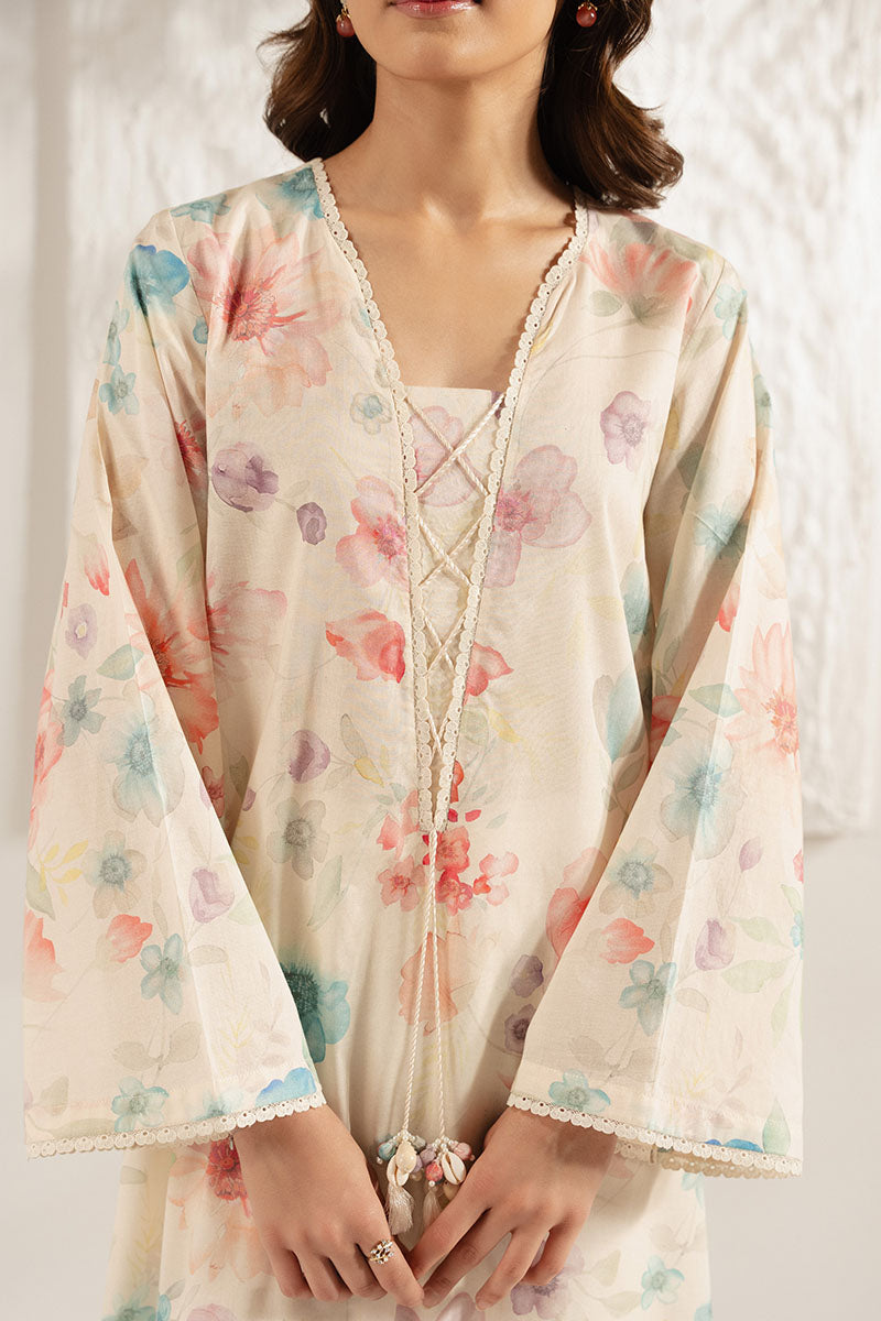Cross Stitch | Basic Pret | Ivory Teal Printed Lawn Shirt-2