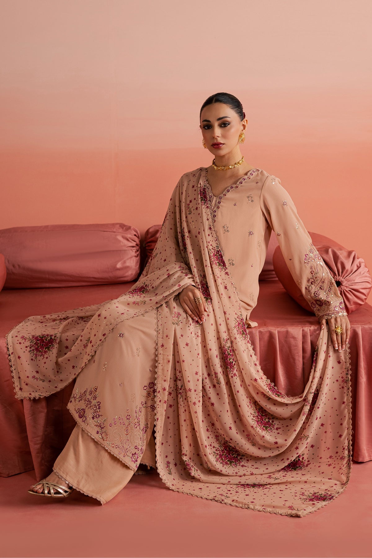 Batik | Gulmohar Festive Eid Edit 26' | Peach Reem 3Pc, image 2