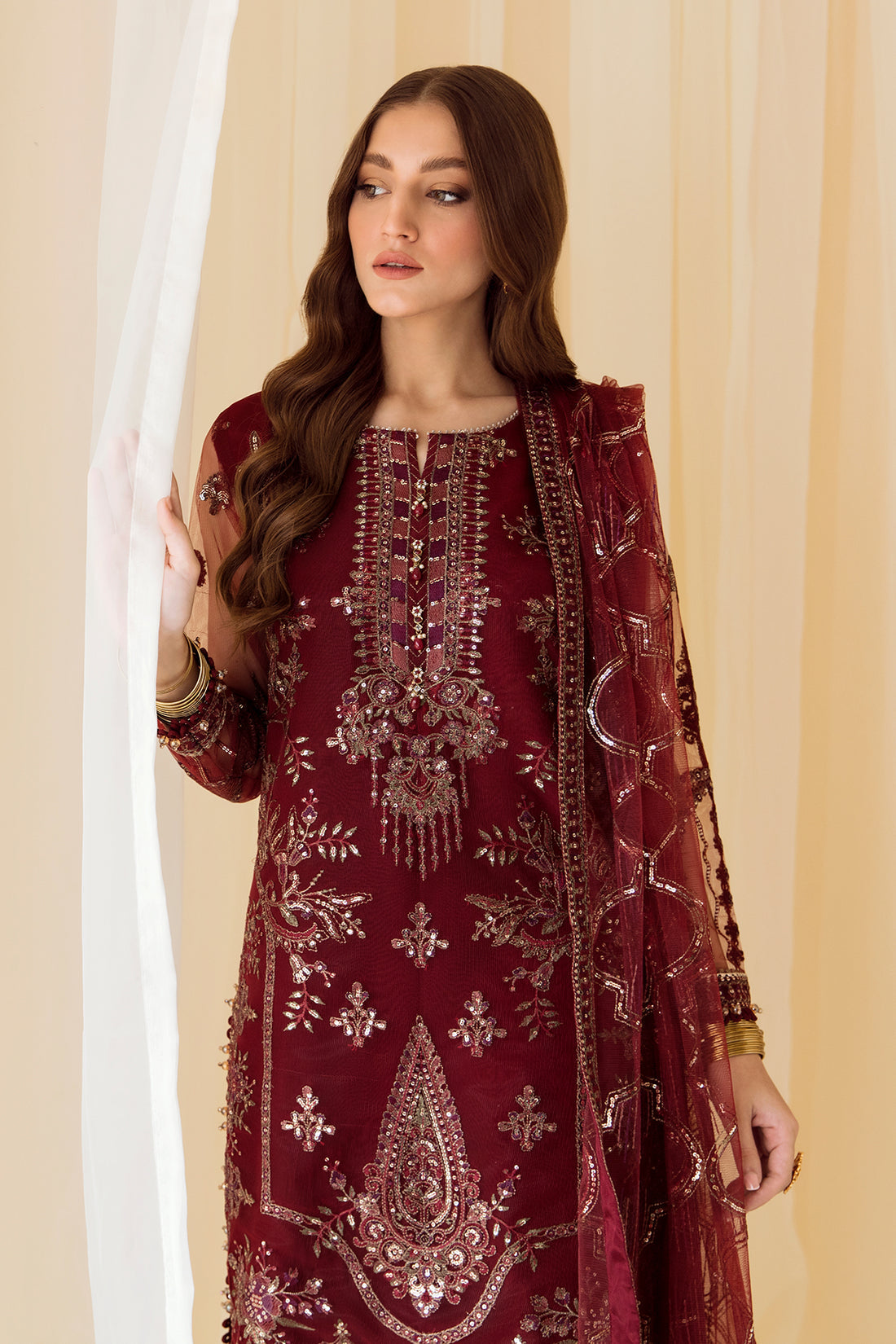 Alizeh | Formals Collection | Embroidered Net Maroon - V14D08 - Raya