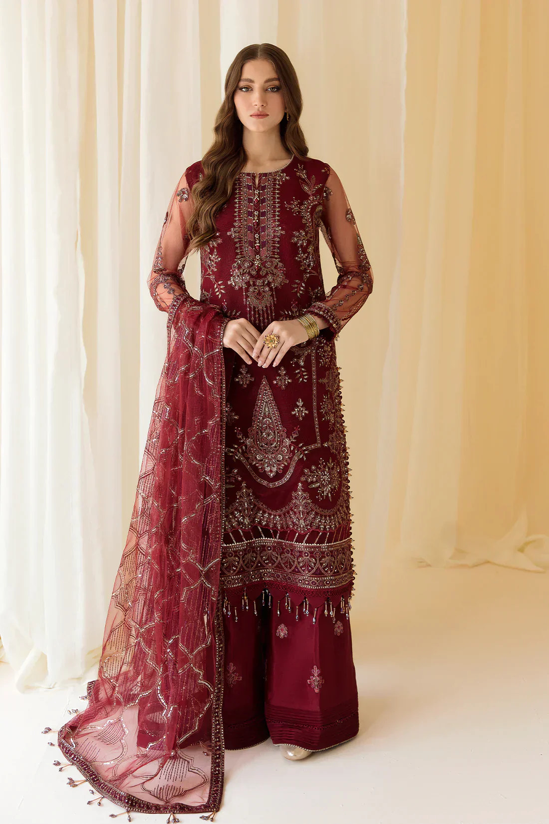 Alizeh | Formals Collection | Embroidered Net Maroon - V14D08 - Raya -  Alizeh Formal - Original Designer Dress - House of Maryam