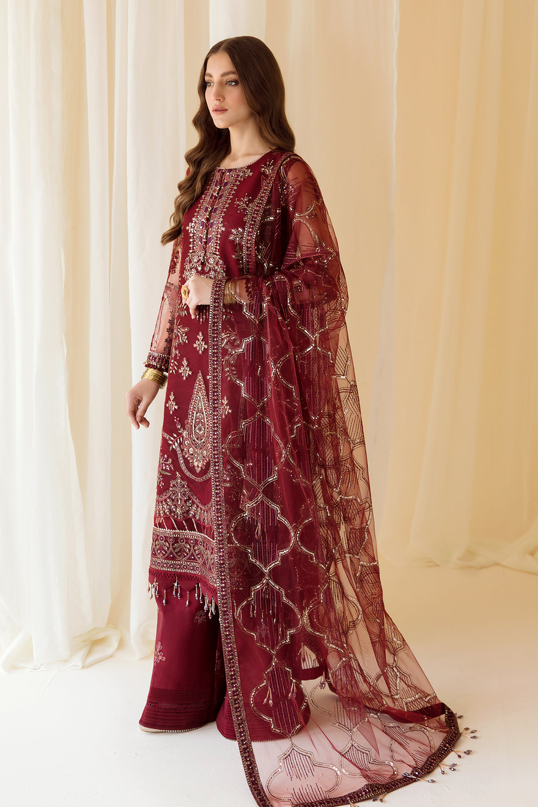 Alizeh | Formals Collection | Embroidered Net Maroon - V14D08 - Raya