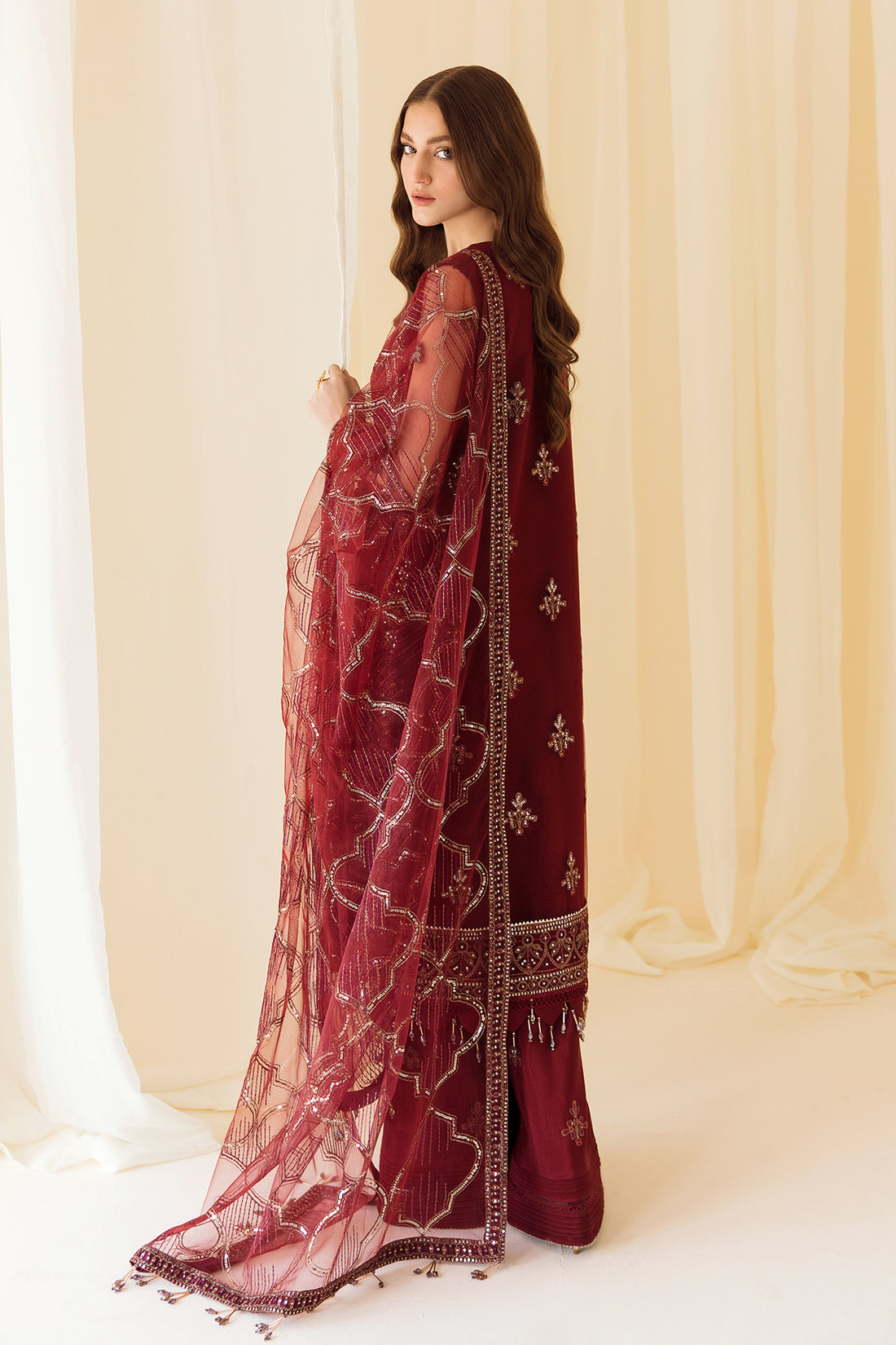 Alizeh | Formals Collection | Embroidered Net Maroon - V14D08 - Raya -  Alizeh Formal - Original Designer Dress - House of Maryam