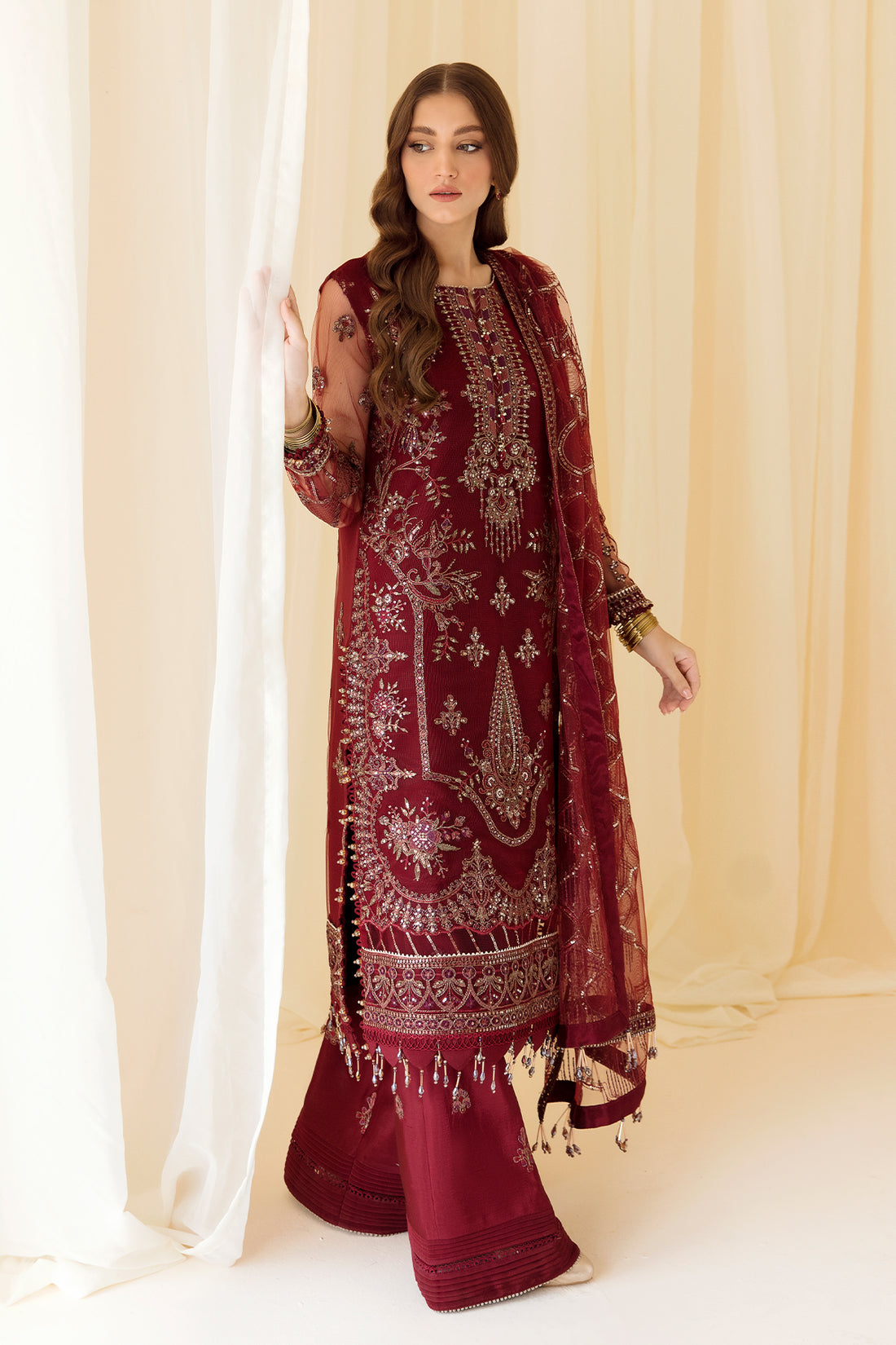 Alizeh | Formals Collection | Embroidered Net Maroon - V14D08 - Raya