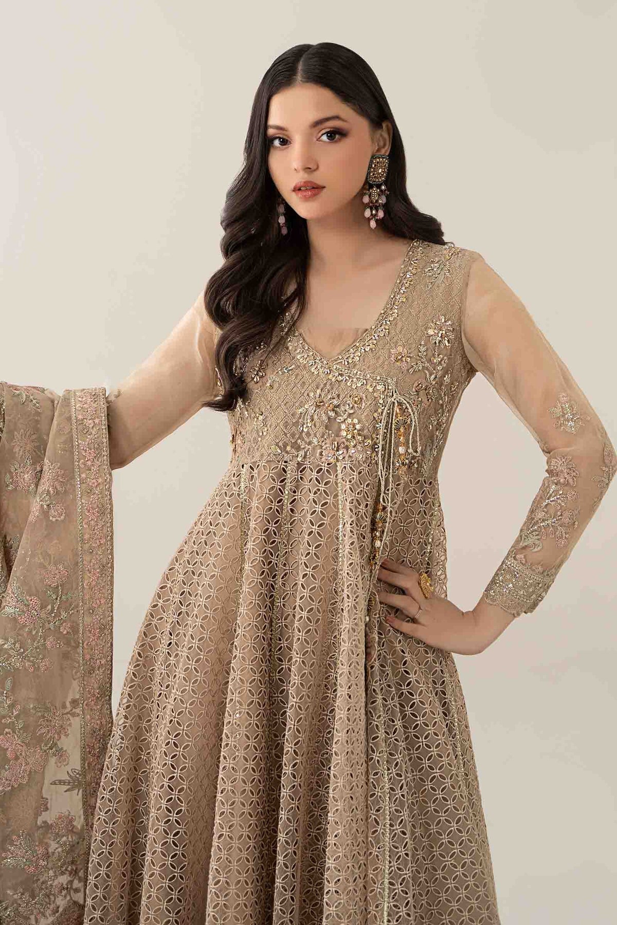 Maria B | Pre Fall Dresses | 3 Piece Embroidered Organza Suit Beige, image 4