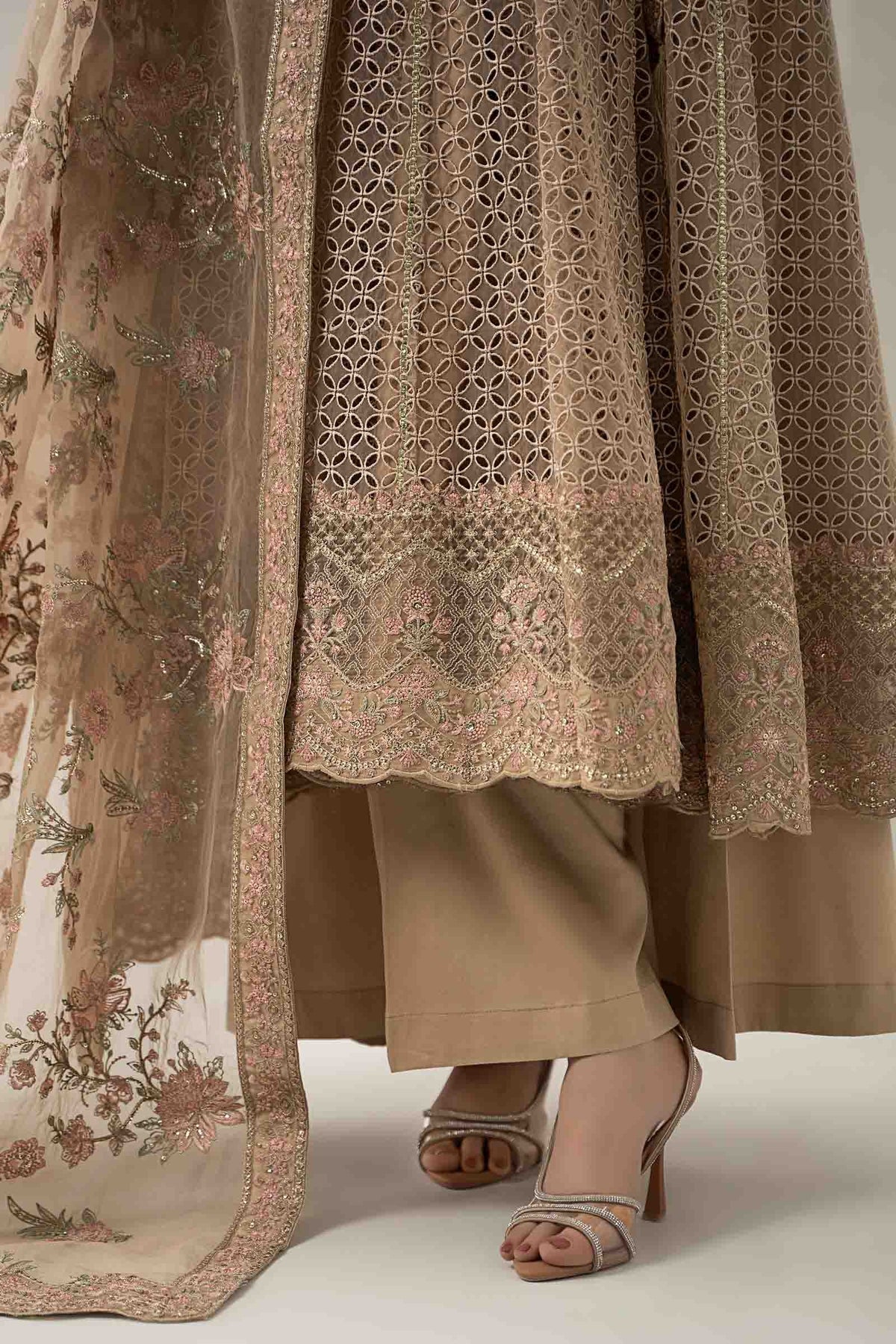 Maria B | Pre Fall Dresses | 3 Piece Embroidered Organza Suit Beige, image 3