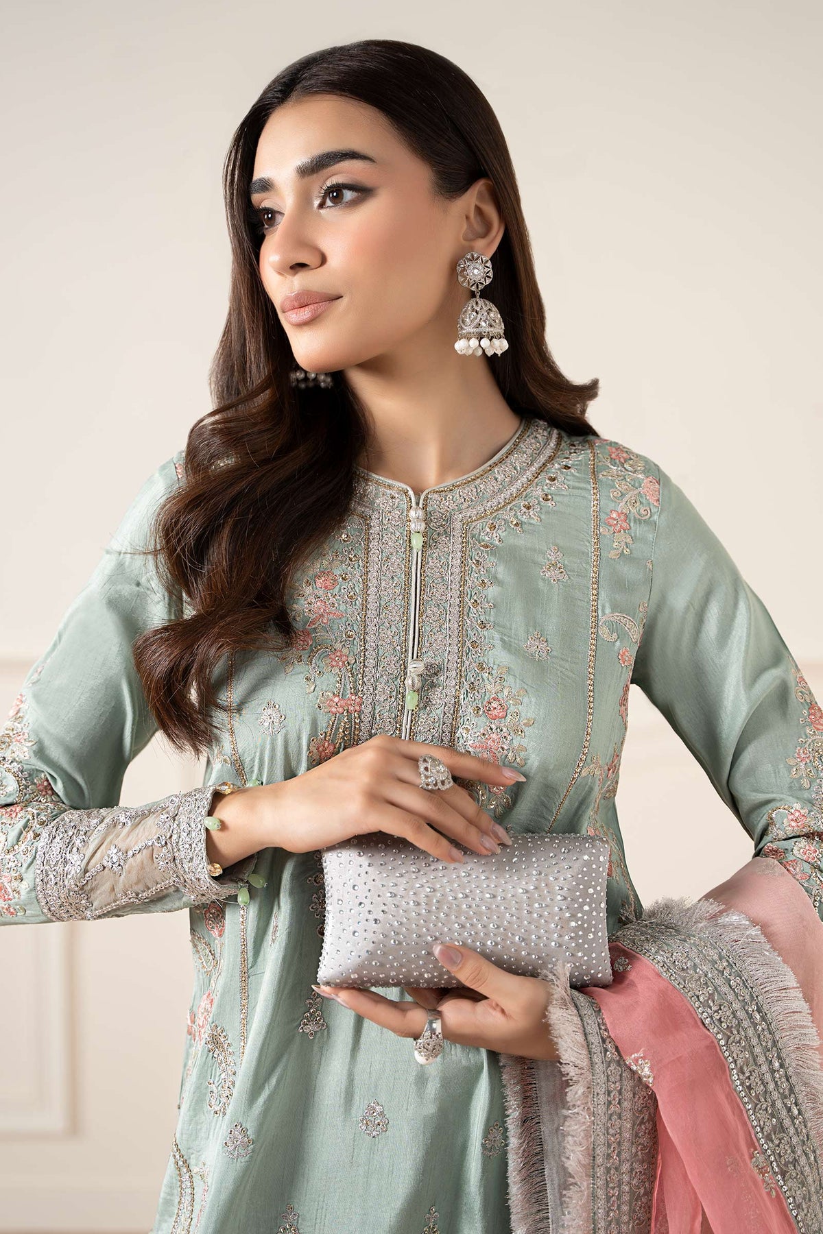 Maria B | Pre Fall Dresses | 3 Piece Embroidered Raw Silk Suit Sea Green, image 3