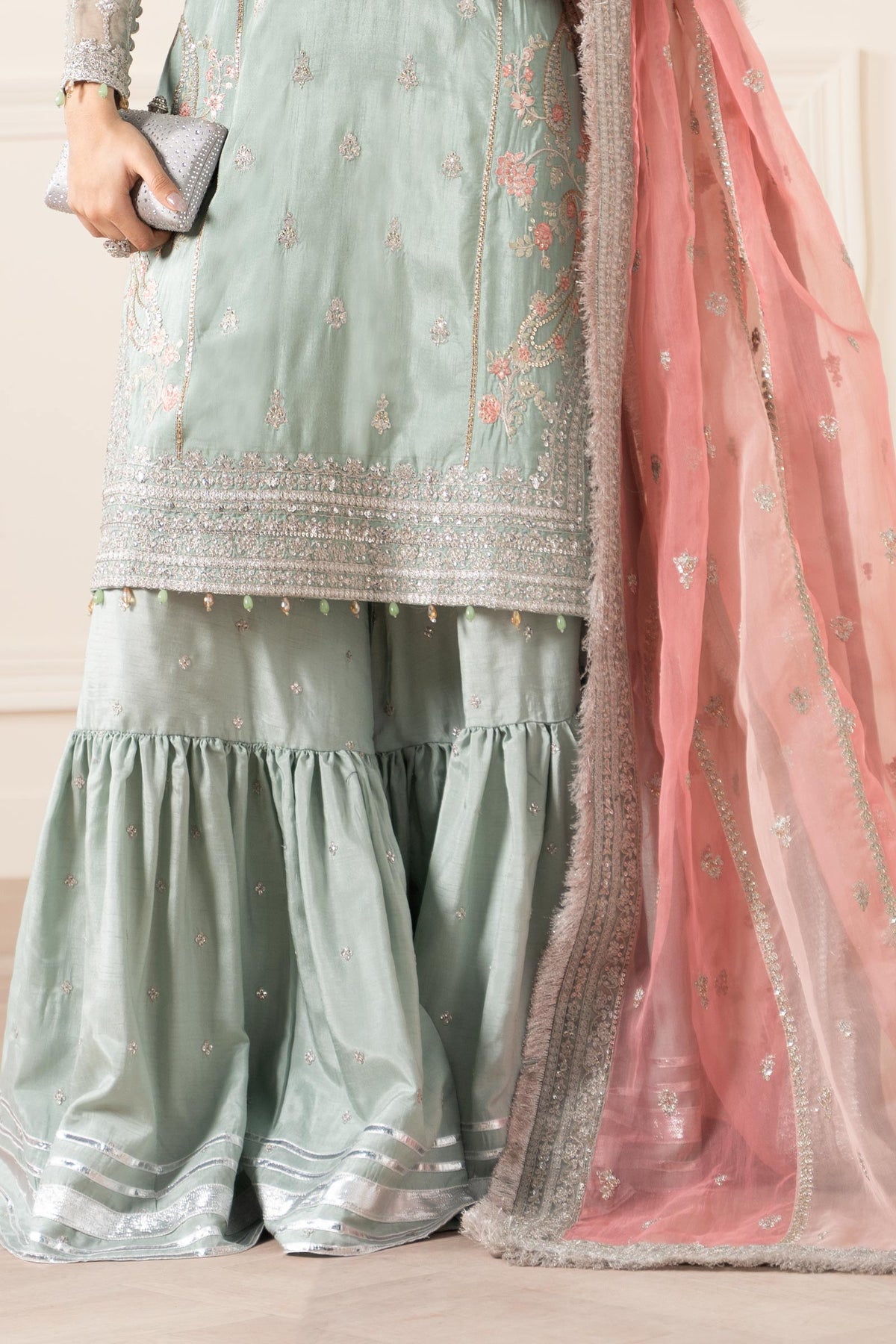 Maria B | Pre Fall Dresses | 3 Piece Embroidered Raw Silk Suit Sea Green, image 4