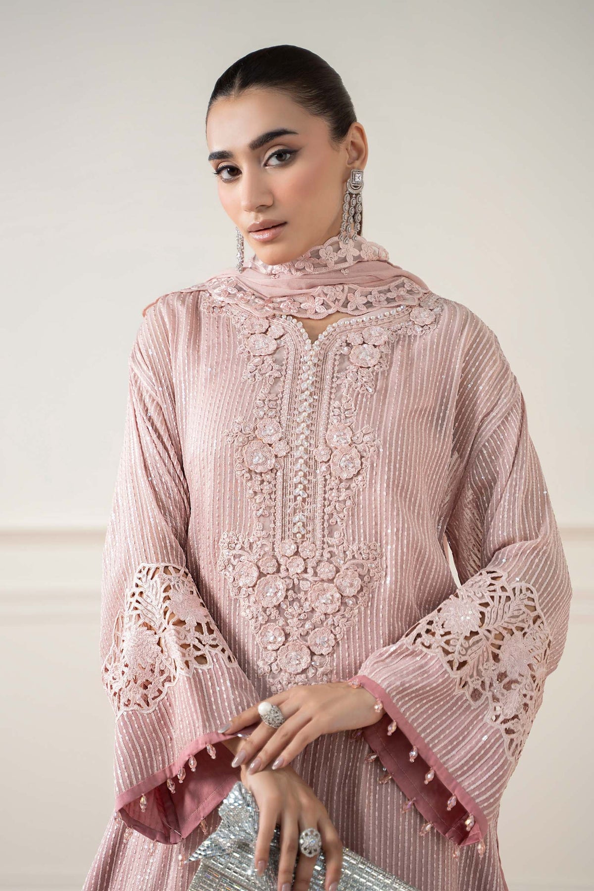 Maria B | Pre Fall Dresses | 3 Piece Embroidered Chiffon Suit Pink, image 4