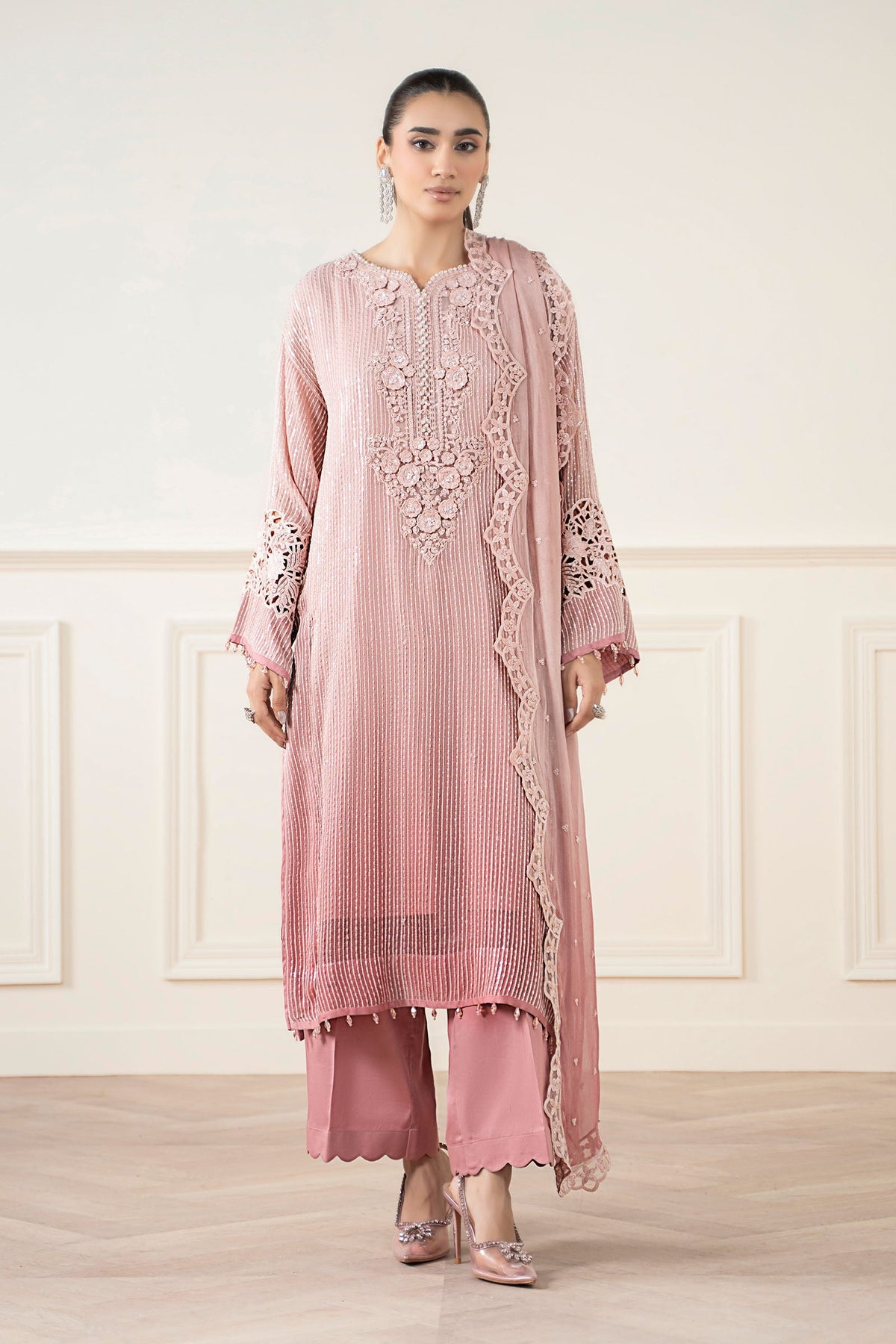 Maria B | Pre Fall Dresses | 3 Piece Embroidered Chiffon Suit Pink