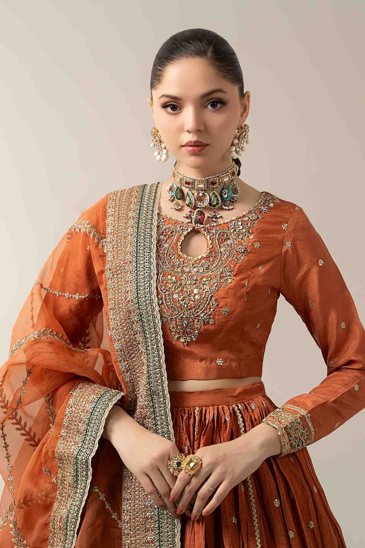 Maria B | Pre Fall Dresses | 3 Piece Embroidered Raw Silk Suit Rust, image 4