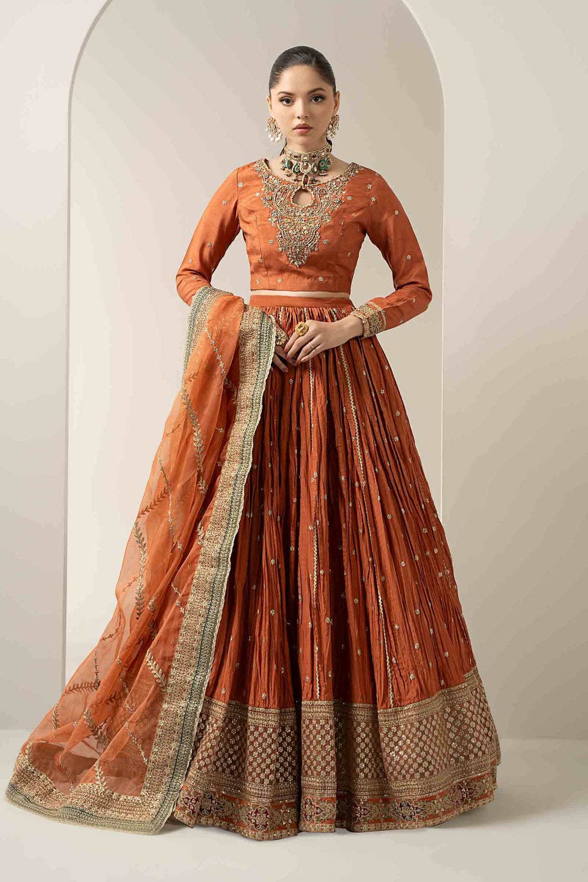 Maria B | Pre Fall Dresses | 3 Piece Embroidered Raw Silk Suit Rust