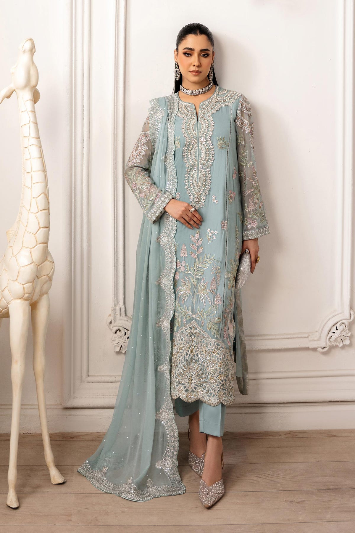 Maria B | Pre Fall Dresses | 3 Piece Embroidered Chiffon Suit  Aqua Blue