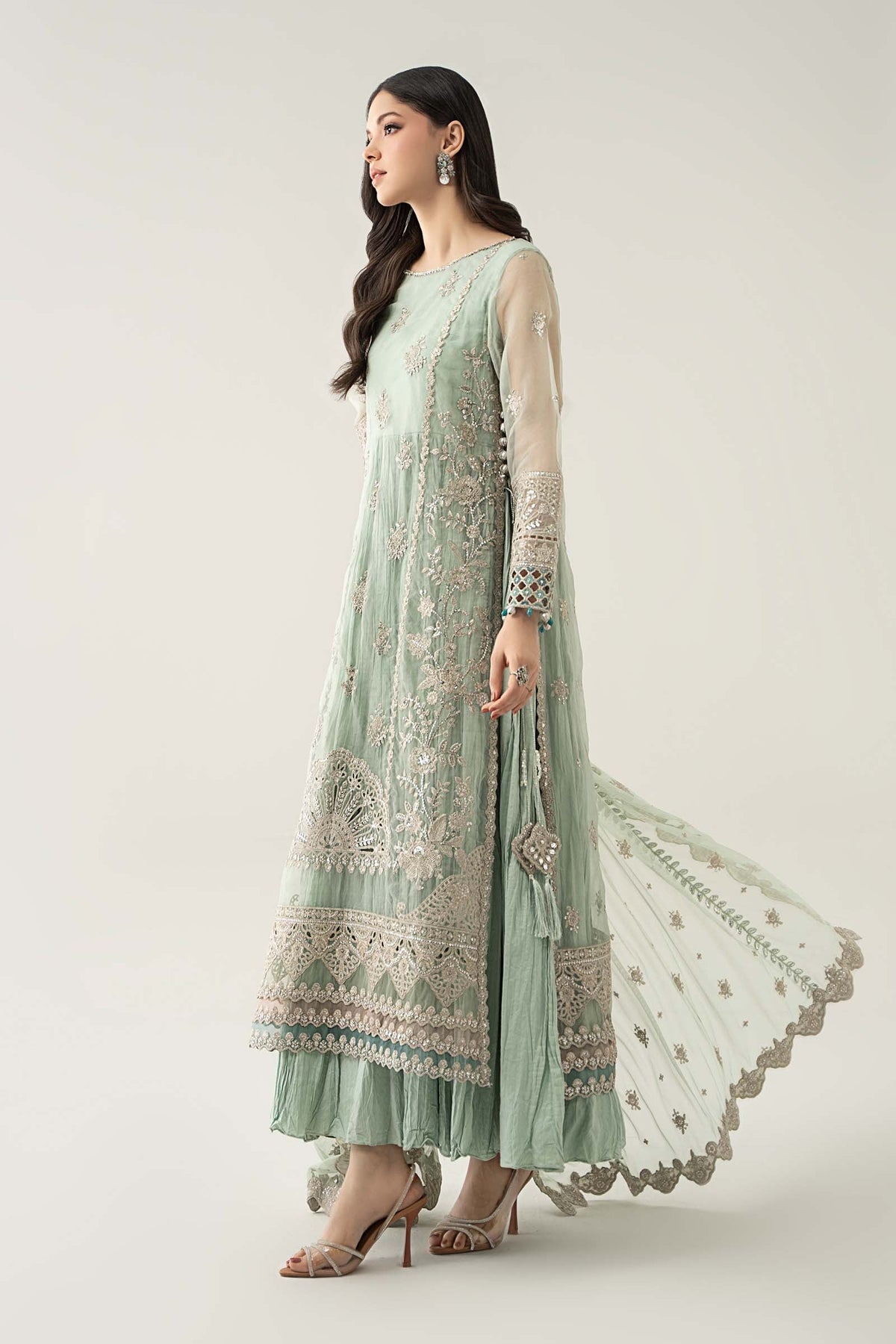 Maria B | Pre Fall Dresses | 3 Piece Embroidered Organza Suit Sea Green, image 3