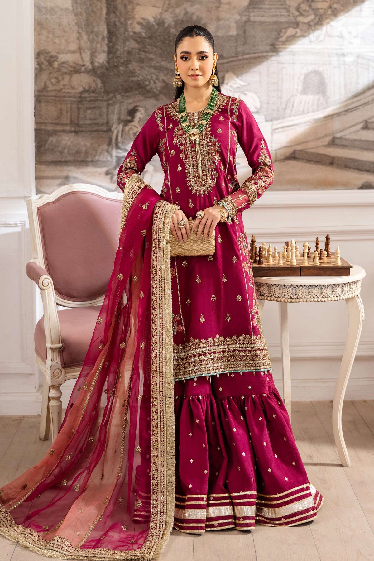 Maria B | Pre Fall Dresses | 3 Piece Embroidered Raw Silk Suit Redish Pink
