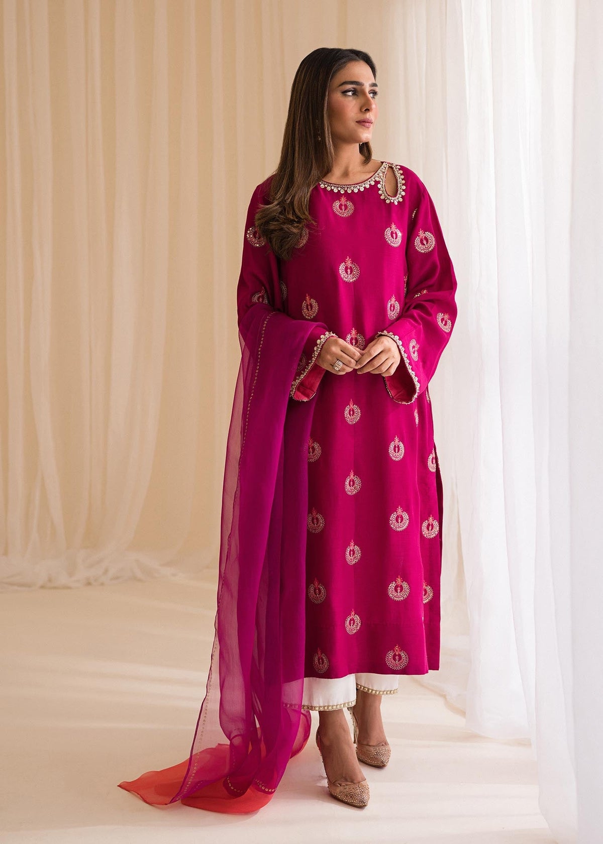 Sadaf Fawad Khan | Lyla Festive Pret | Punchy Pink -  Sadaf Fawad Khan Formal - Original Designer Dress - House of Maryam