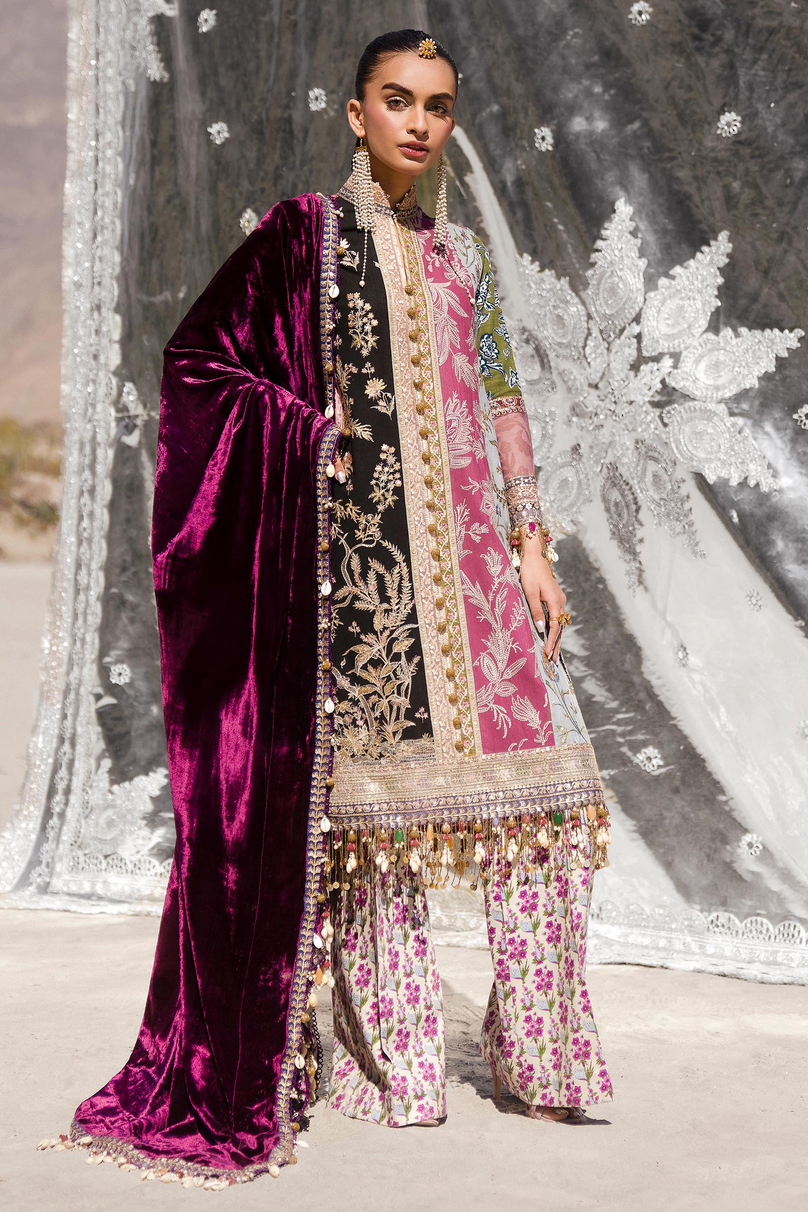 Sana Safinaz | Winter Shawl 24 | Velvet S241-006A-3CP by Designer Sana Safinaz - House of Maryam - Pakistani Designer Ethnic Wear in {{ shop.shopifyCountryName }}