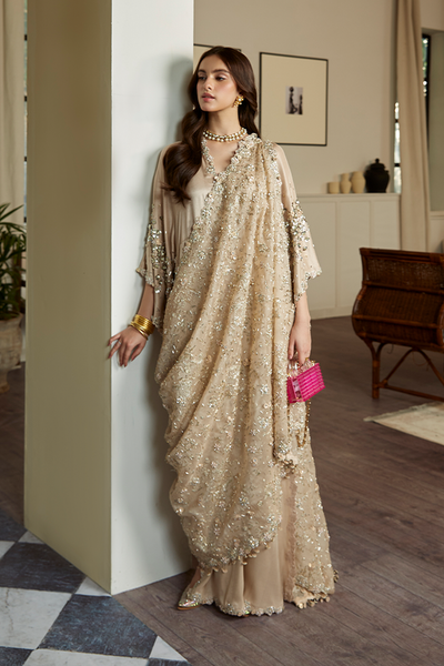 Suffuse Luna champagne beige raw silk kaftan with dupatta