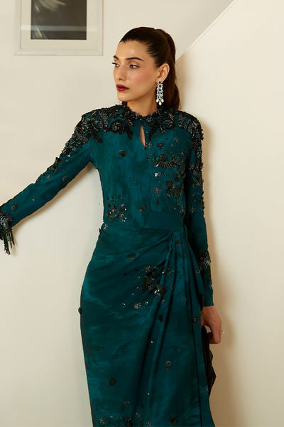 Suffuse Elisa bottle green draped dress with grip pants, photo 4