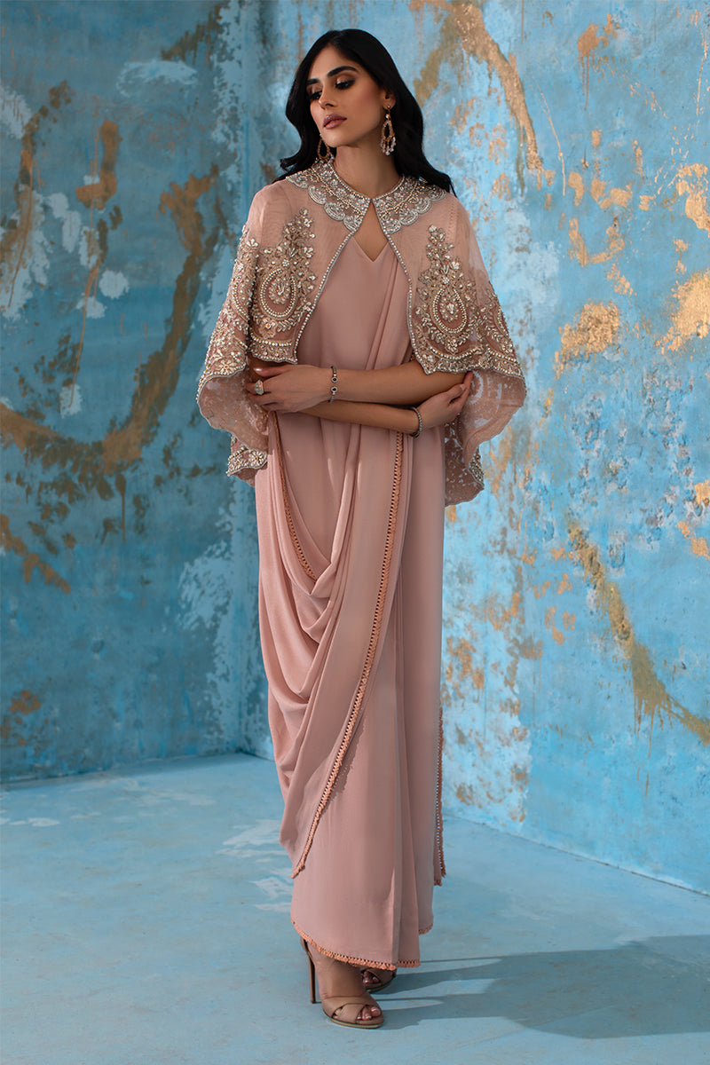 Wardha Saleem | Luxury Pret Fusion Wear | ROSALIE - FORMAL CAPE WITH DRAPE (2 PC) -  Wardha Saleem Ladies Clothes - Original Designer Dress - House of Maryam
