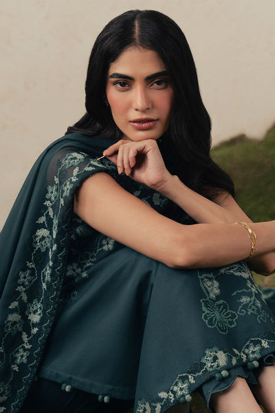 Cross Stitch | The Moonsoon Edit 26 | EMERALD TEAL-3PC EMBROIDERED SUIT