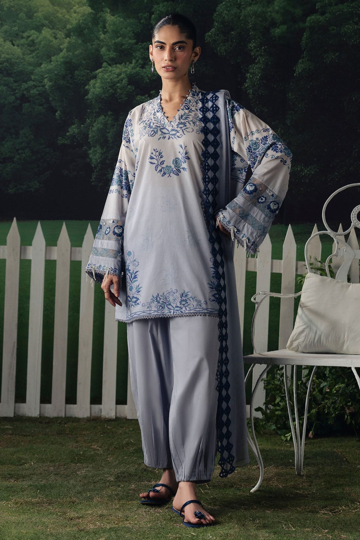 Cross Stitch | The Moonsoon Edit 26 | AZURE BLOOM-3PC PRINTED SUIT