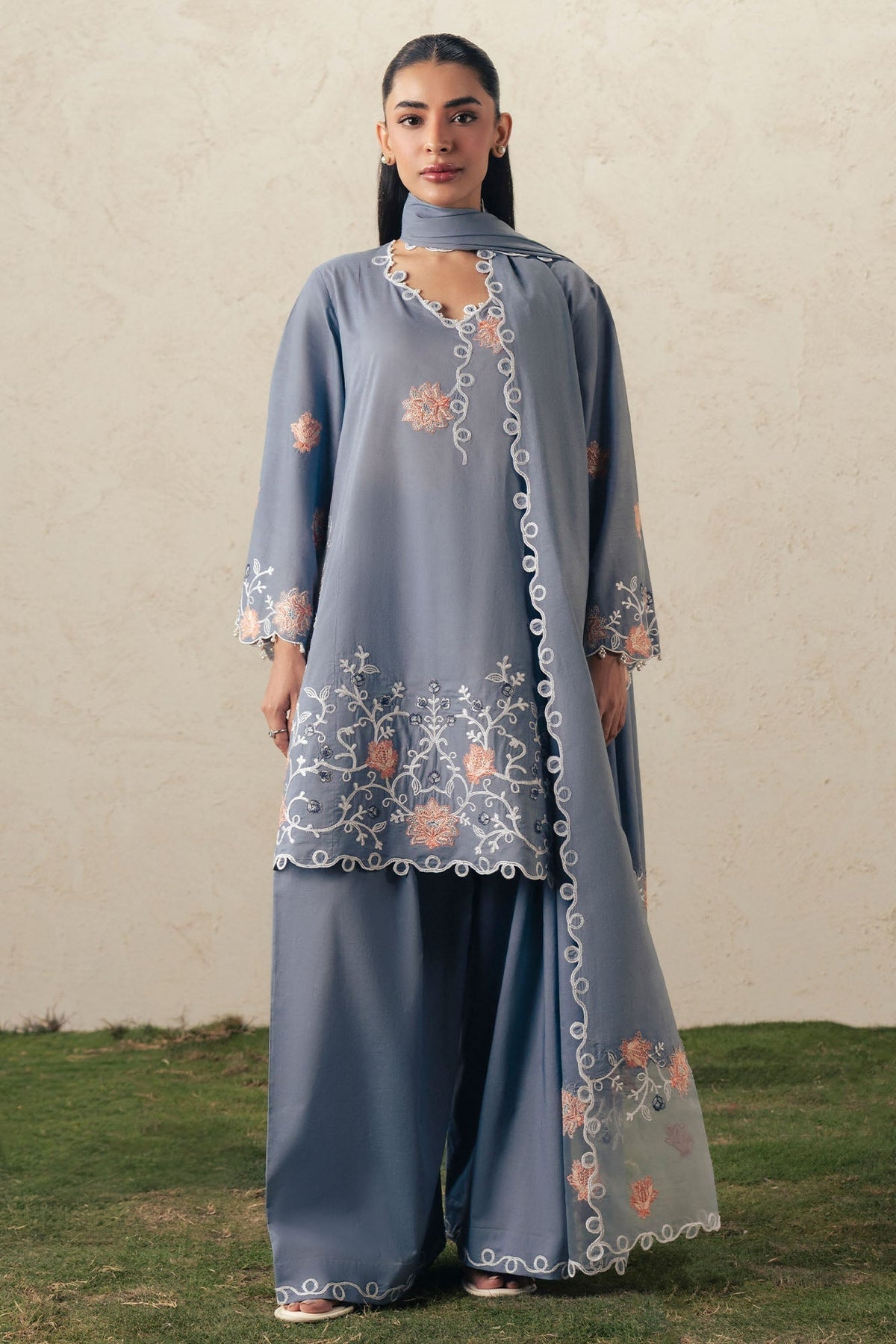 Cross Stitch | The Moonsoon Edit 26 | SAFRON SKY-3PC EMBROIDERED SUIT