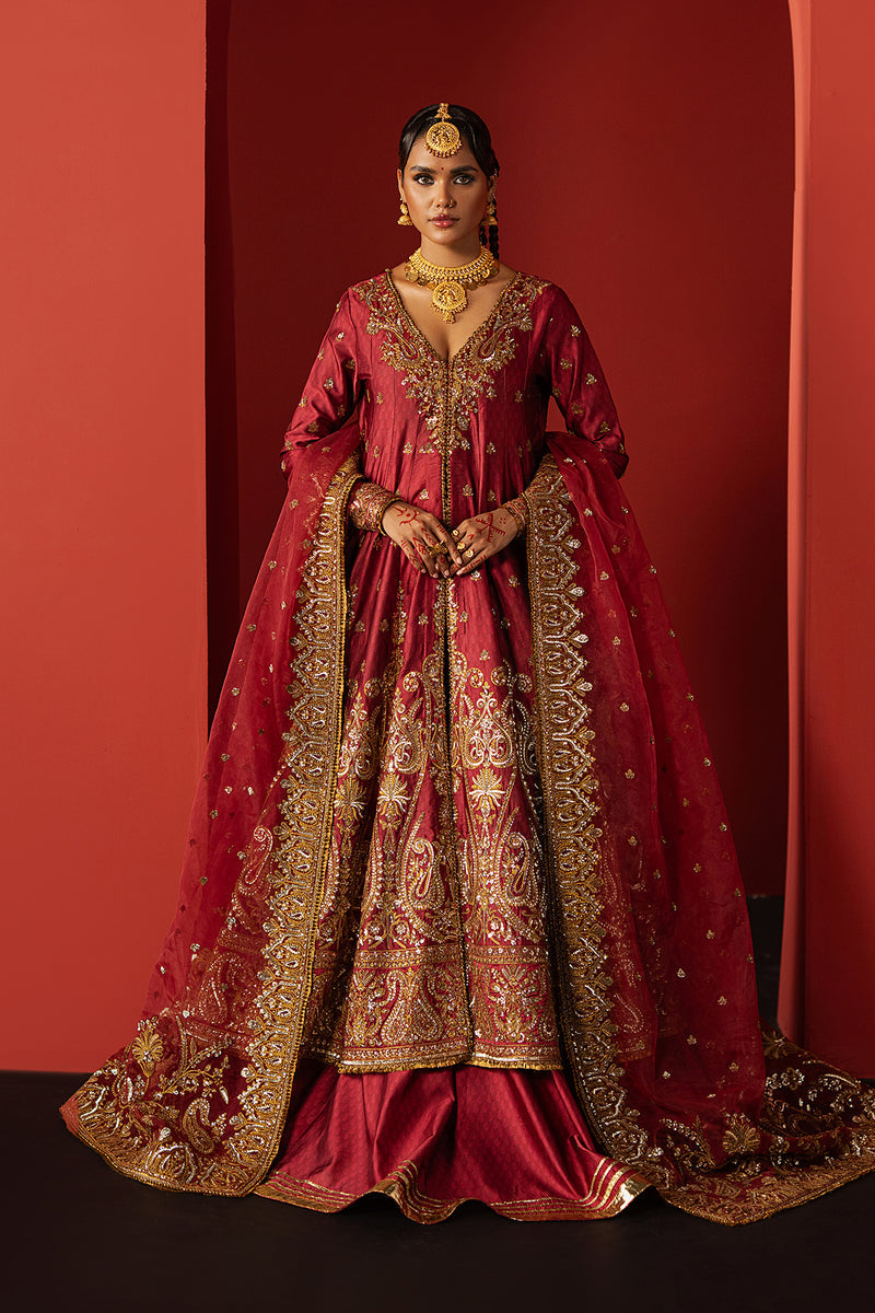 Afrozeh Bahaar coral red shirt and lehenga