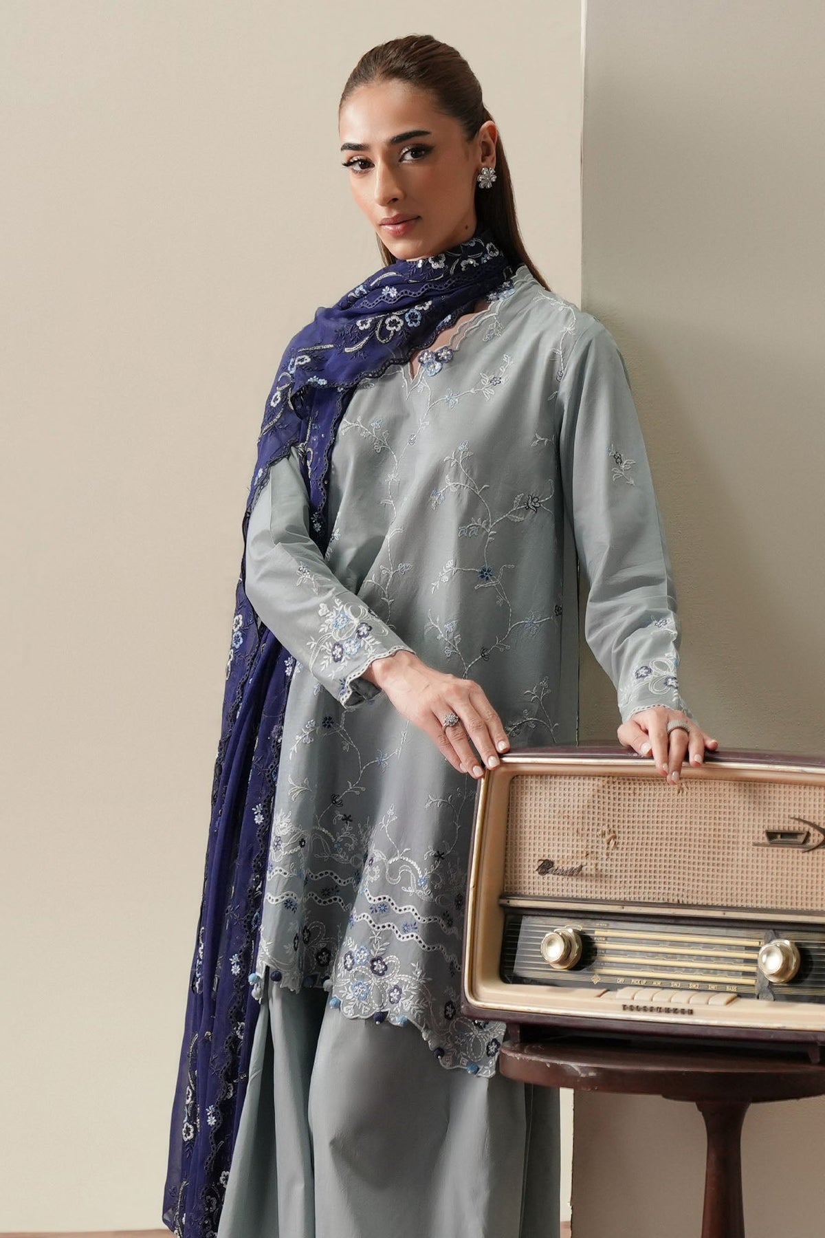 Cross Stitch | Mahiri Embroidered Collection 26 |AQUA SMOKE-5