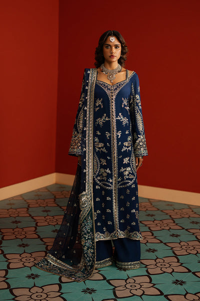 Afrozeh Mahreen navy blue raw silk formal suit