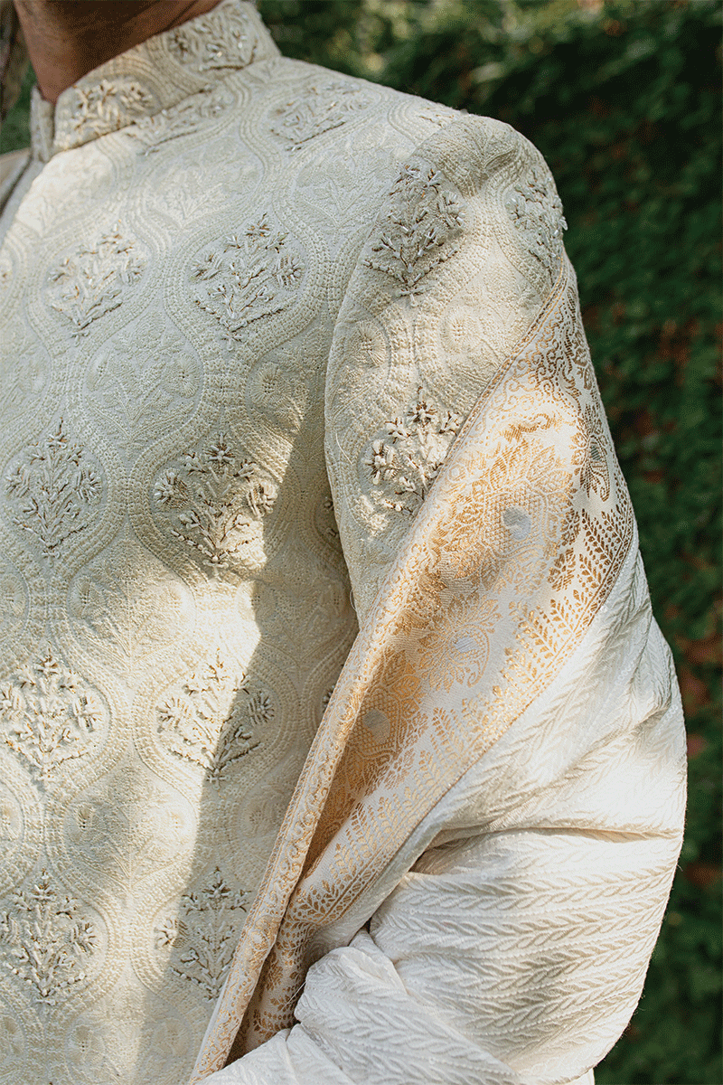 Republic By Omar Farooq | Sherwani Couture | Pearl White Shawl -  Republic by Omar Farooq SHERWANI COUTURE - Original Designer Dress - House of Maryam