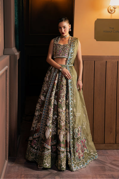 Afrozeh Mahsil olive green choli and lehenga