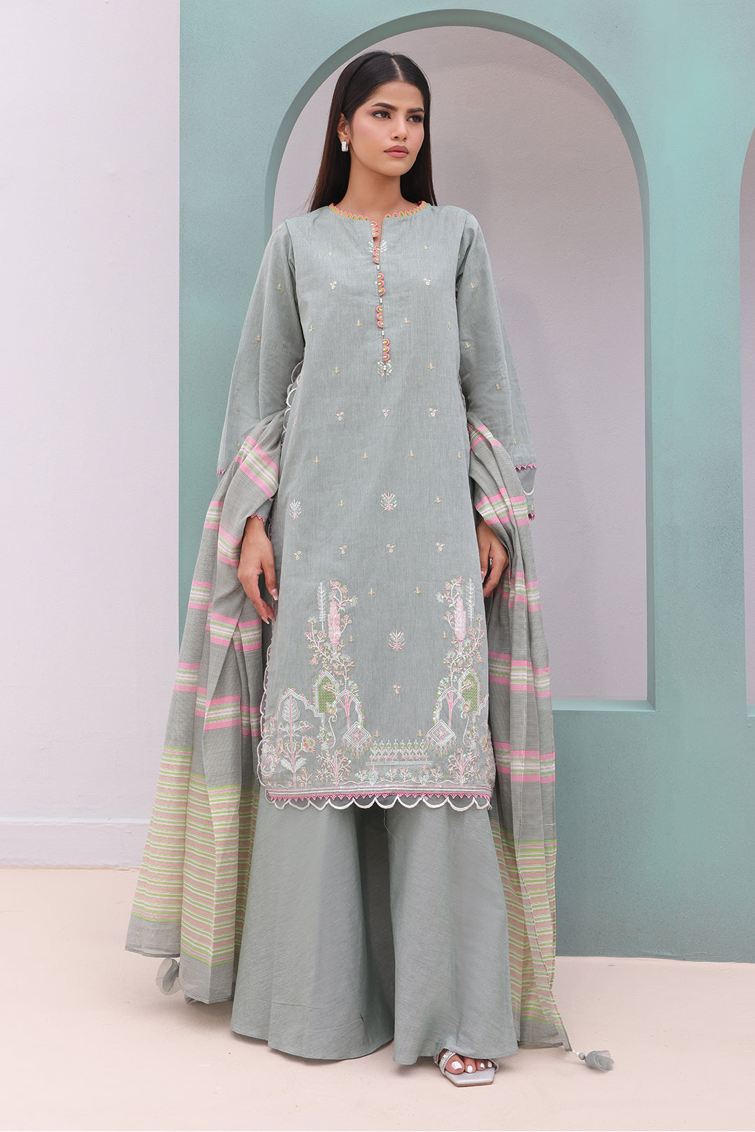 Zellbury | Unstitched 3 Piece Chambray | Embroidered Shirt Shalwar Dupatta - 0075