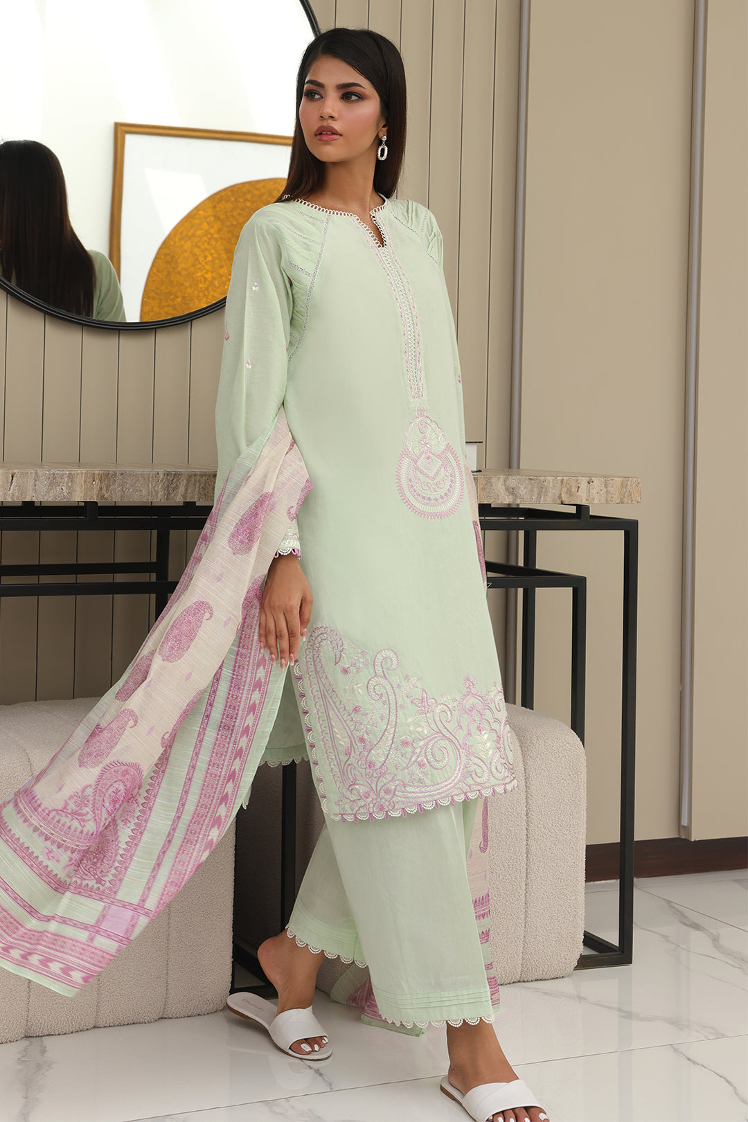 Zellbury | Unstitched 3 Piece Chambray | Embroidered Shirt Shalwar Dupatta - 0077