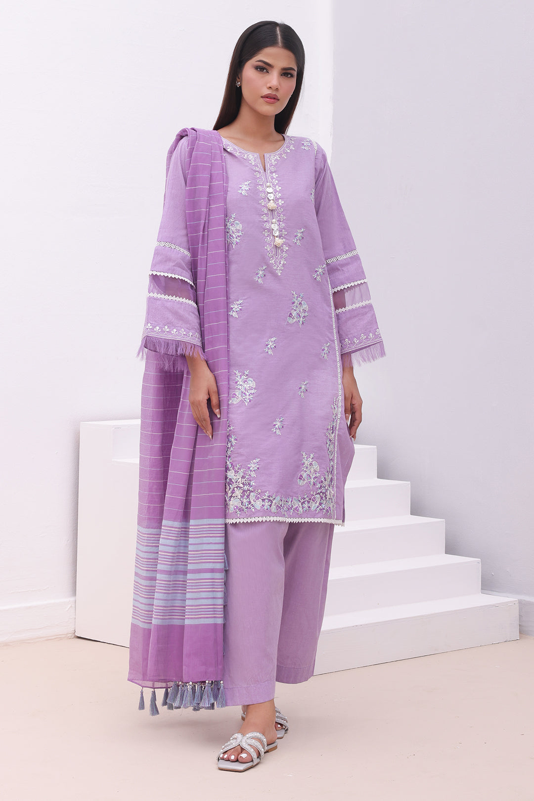 Zellbury | Unstitched 3 Piece Chambray | Embroidered Shirt Shalwar Dupatta - 0145