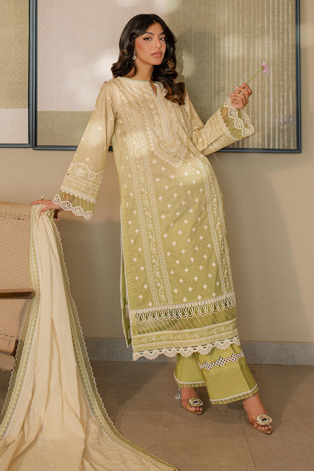 Zellbury | Unstitched 3 Piece Chikankari | Embroidered Shirt Shalwar Dupatta - 0702