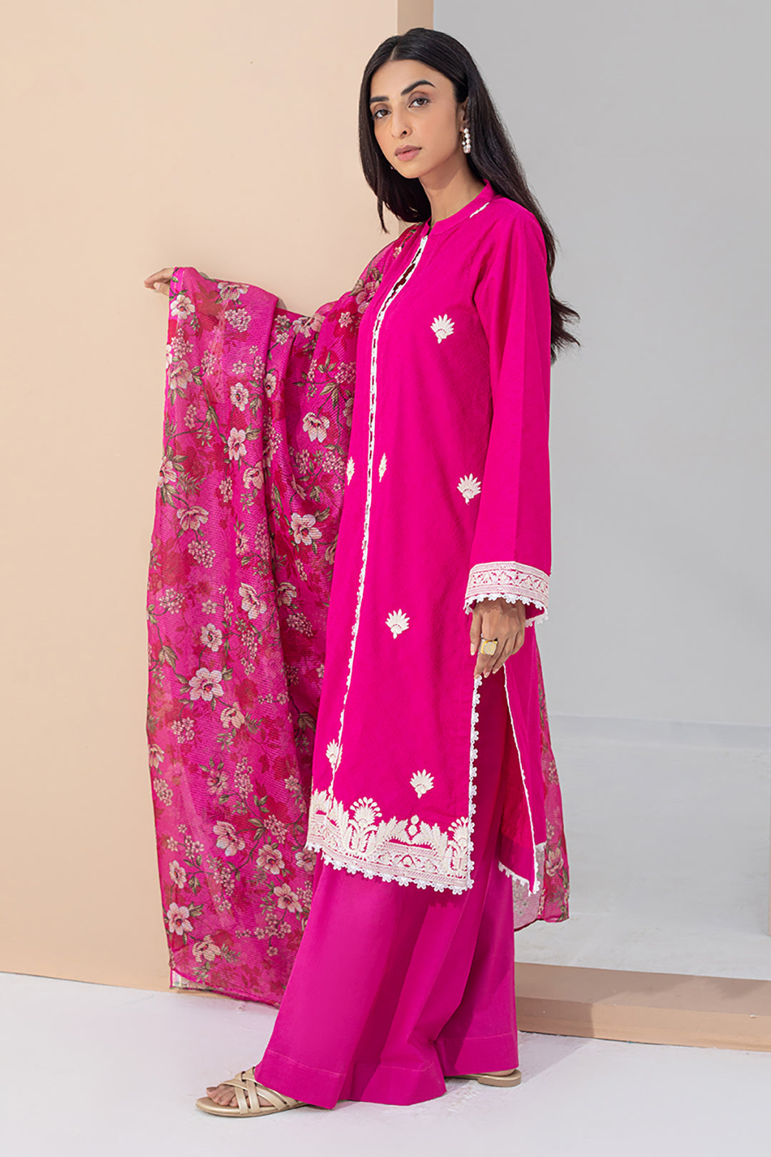 Zellbury | Unstitched 3 Piece Pink | Embroidered Shirt Shalwar Dupatta - 0365