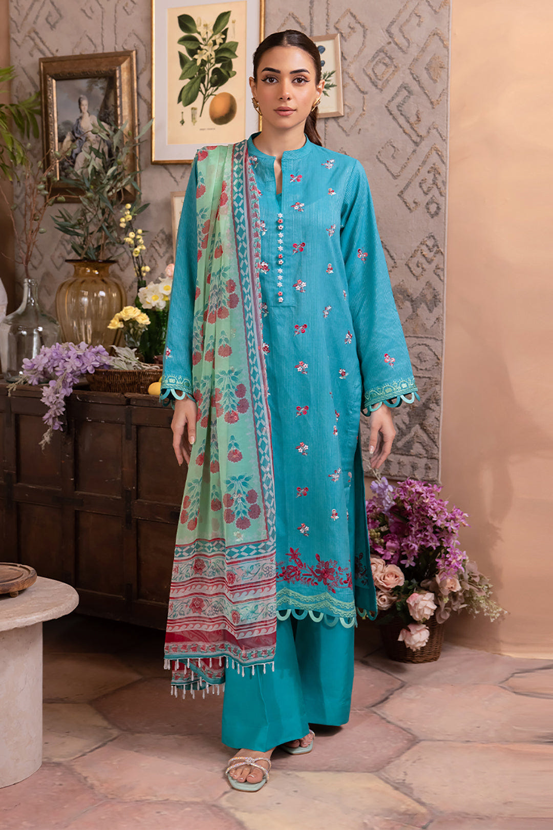 Zellbury | Unstitched 3 Piece Blue | Embroidered Shirt Shalwar Dupatta - 1115 -  Zellbury Women Essential Unstitched - Original Designer Dress - House of Maryam