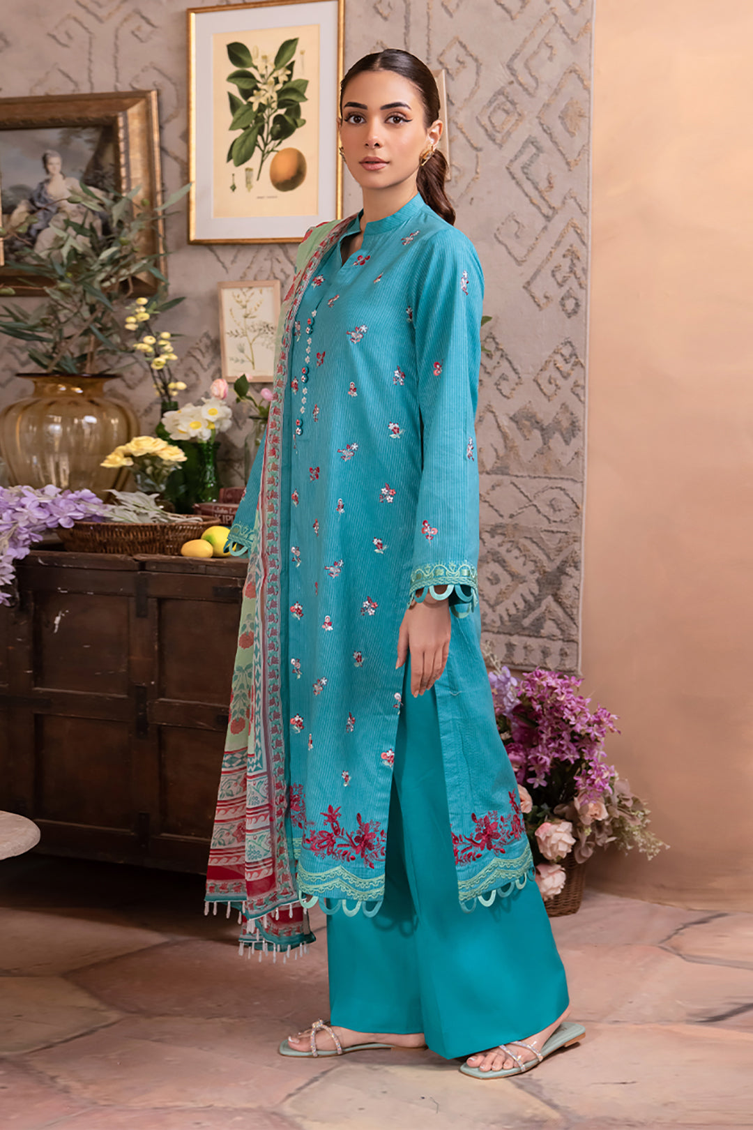 Zellbury | Unstitched 3 Piece Blue | Embroidered Shirt Shalwar Dupatta - 1115