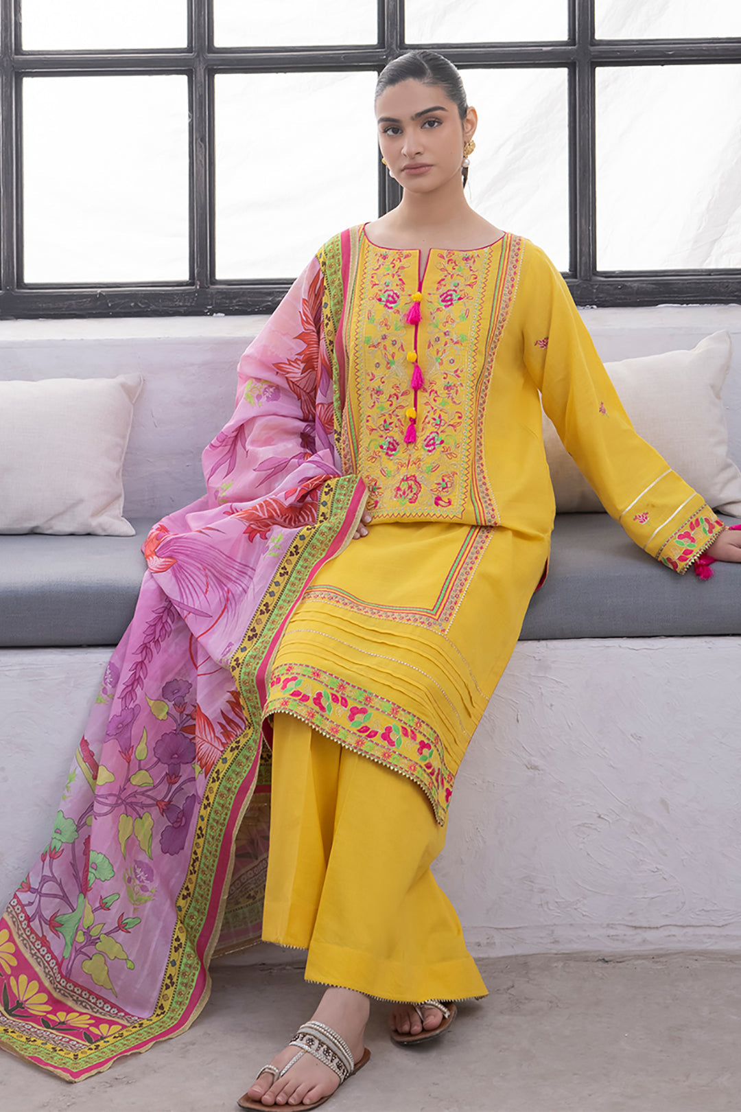 Zellbury | Unstitched 3 Piece Yellow | Embroidered Shirt Shalwar Dupatta - 1126