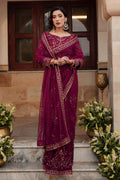 NAQSHI Meeru burgundy ready-to-wear saree with hand adda work, featuring a fully embellished blouse and net saree, styled for weddings and formal evening events