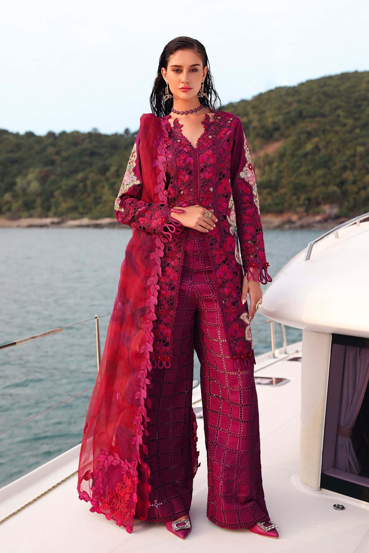 Afrozeh Serene magenta embroidered lawn suit