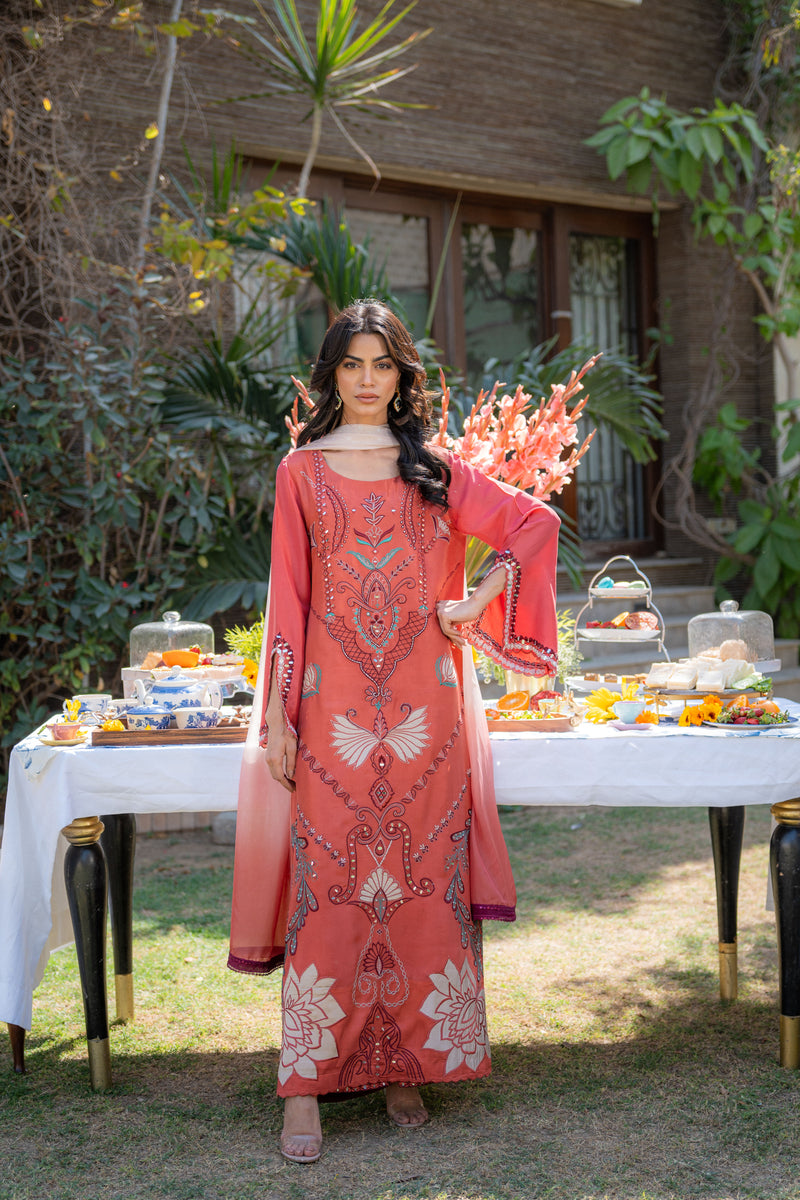 Wahaj M Khan | Pari Collection | Rust Maroon Kaftan Pari Outfit -  Wahaj M Khan Ladies Clothes - Original Designer Dress - House of Maryam