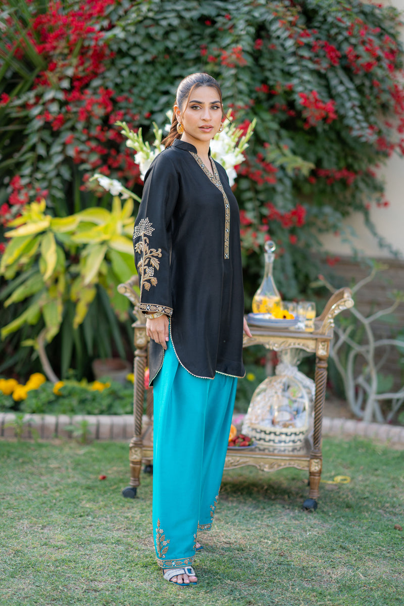 Wahaj M Khan | Pari Collection | Black Turquoise Pari Outfit -  Wahaj M Khan Ladies Clothes - Original Designer Dress - House of Maryam