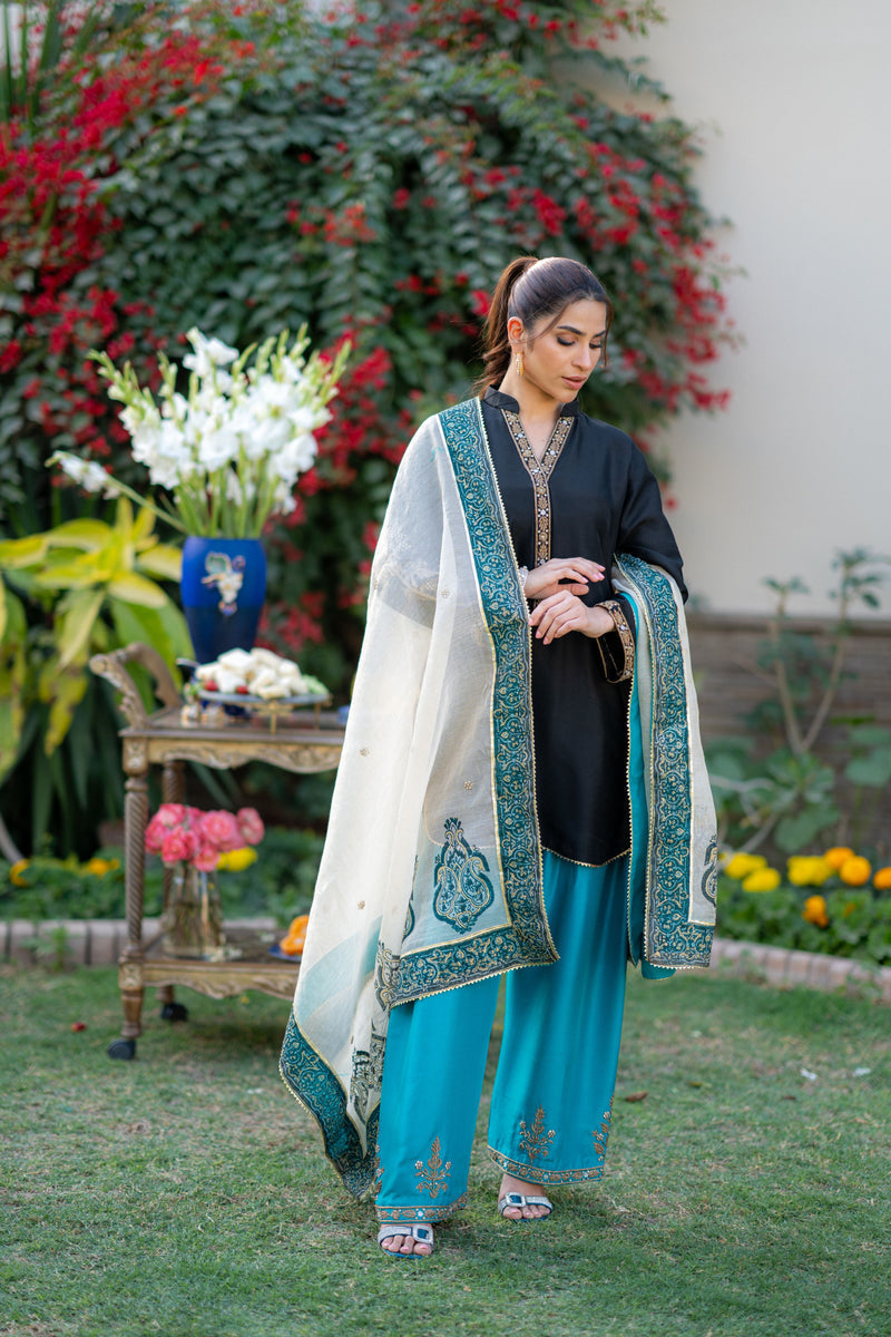 Wahaj M Khan | Pari Collection | Black Turquoise Pari Outfit -  Wahaj M Khan Ladies Clothes - Original Designer Dress - House of Maryam