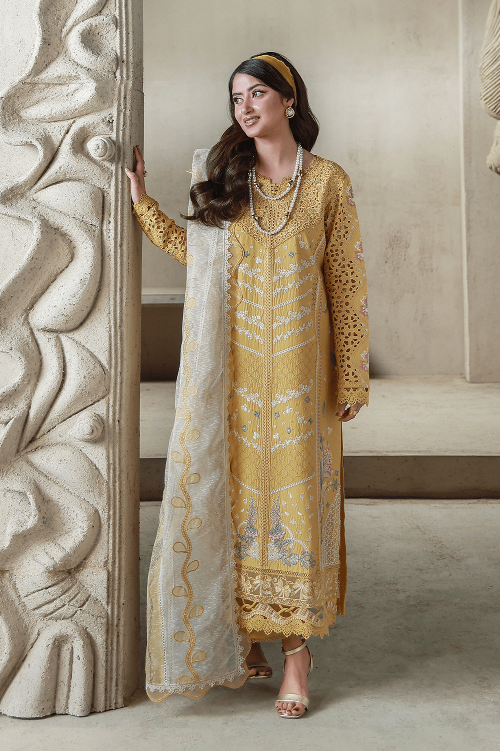 Aabyaan | Saagar Luxury Festive Lawn 26 | ZIMAL (AL-02)-Brand:Aabyaan-Type:Ladies Clothes-Mustard-Lawn-House of Maryam- Buy in UK, USA
