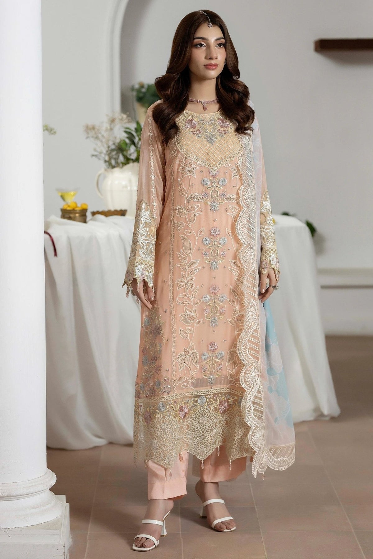 Adans Libas | Eid Festive Chiffon | EID FESTIVE 1790-Brand:Adans Libas-Type:Ladies Clothes-Pale Peach-Chiffon-House of Maryam- Buy in UK, USA