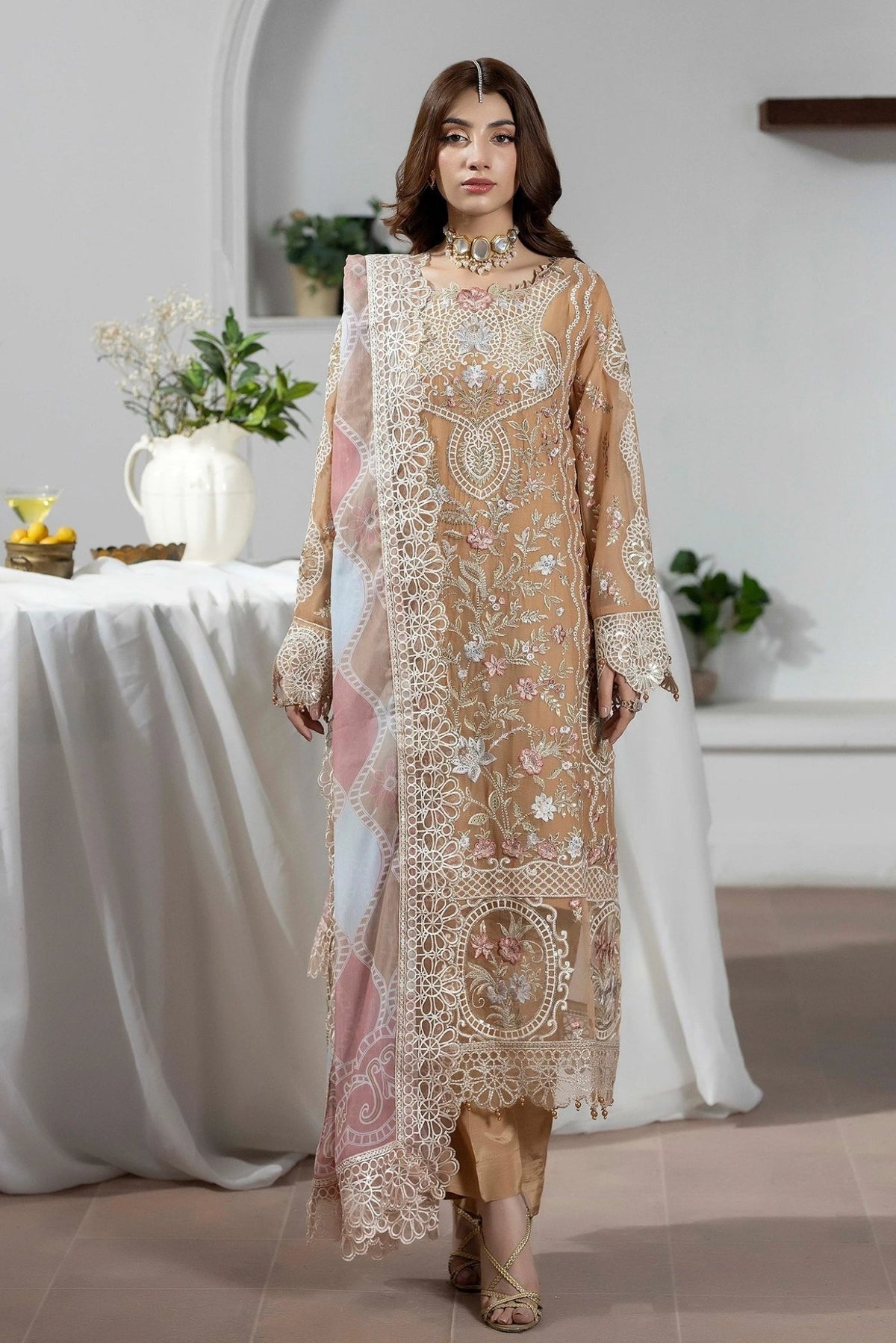 Adans Libas | Eid Festive Chiffon | EID FESTIVE 1796-Brand:Adans Libas-Type:Ladies Clothes-Nude Peach-Chiffon-House of Maryam- Buy in UK, USA
